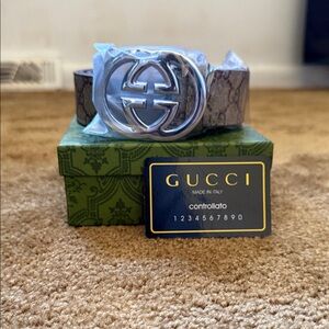 Gucci Silver Buckle with Brown Patterned Belt